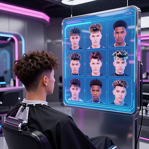 Digital portrait simulator in futuristic salon: curly-haired barbershop client sits, facing illuminated screen with nine diverse male face options.