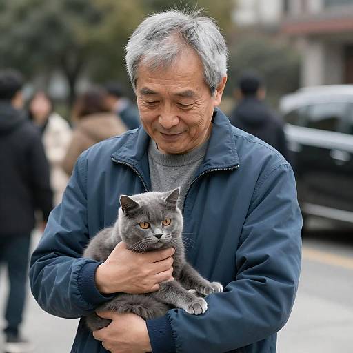Gentle Man with Cat in Busy Park