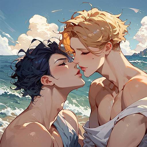 Boys Sitting by Ocean Sunset Island