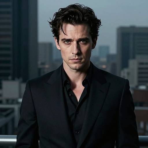 Photograph of a serious-looking, dark-haired man with wavy hair, wearing a black suit over a black shirt, standing against a city skyline backdrop