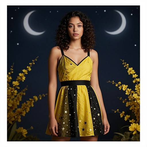 Photograph of a curly-haired woman in a yellow and black star-patterned dress, standing against a night sky with crescent moons and yellow flowers.