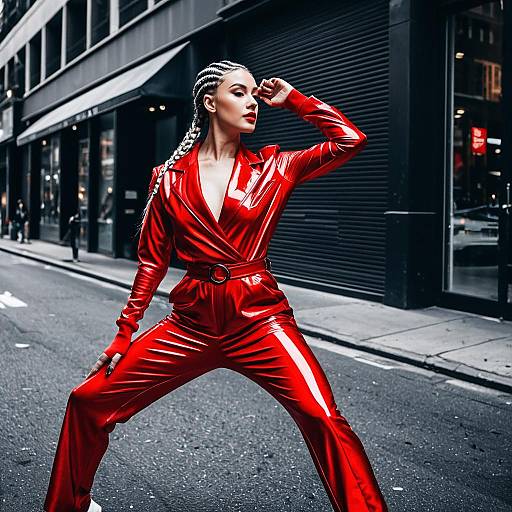 Contemporary dancer in red jumpsuit on city street