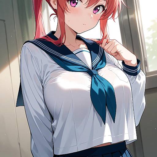 Digital anime-style drawing of a red-haired girl with purple eyes, wearing a white sailor uniform with a blue necktie, indoors by a sunlit window
