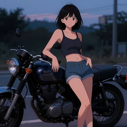 Anime Girl by Vintage Motorcycle at Dusk