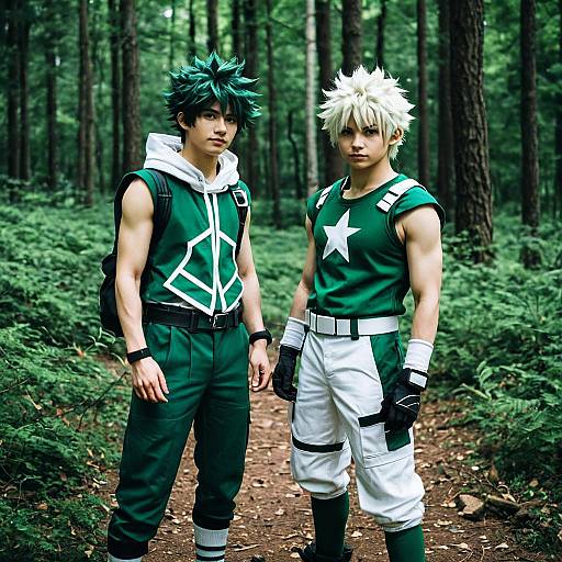 Digital artwork of two anime-style male characters with spiky hair, forest background, one in green and white, the other in green and black.