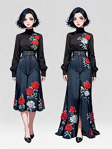 Fashion Illustration of Woman in Black Sweater and Floral Skirt