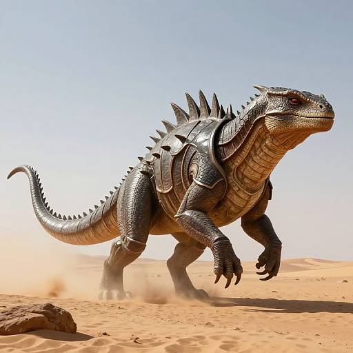 CGI image of a black, armored, spiky dinosaur-like creature walking in a desert, kicking up sand, under a clear blue sky.