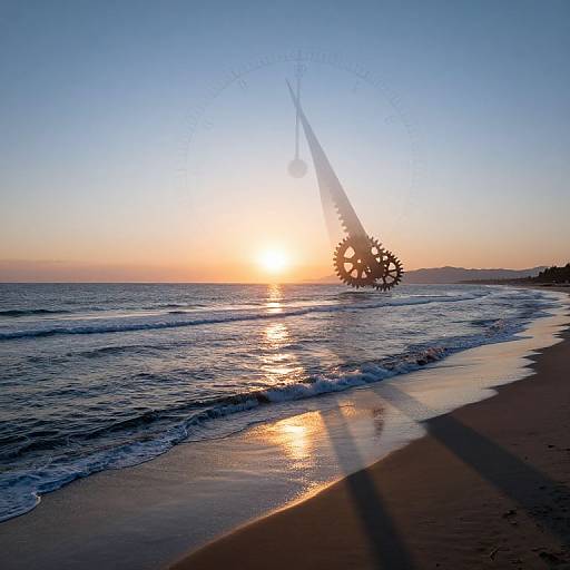 Photograph of a sunset beach with gentle waves, silhouetted Ferris wheel, and shimmering wet sand reflecting the golden sun.