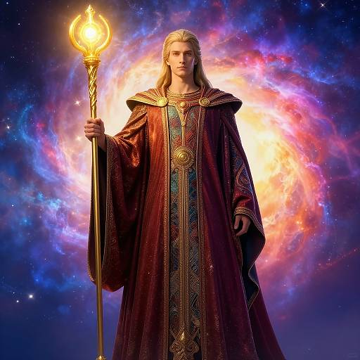Magical wizard with long blonde hair, wearing ornate red robe, holding glowing staff, stands before vibrant cosmic nebula backdrop. Digital art.