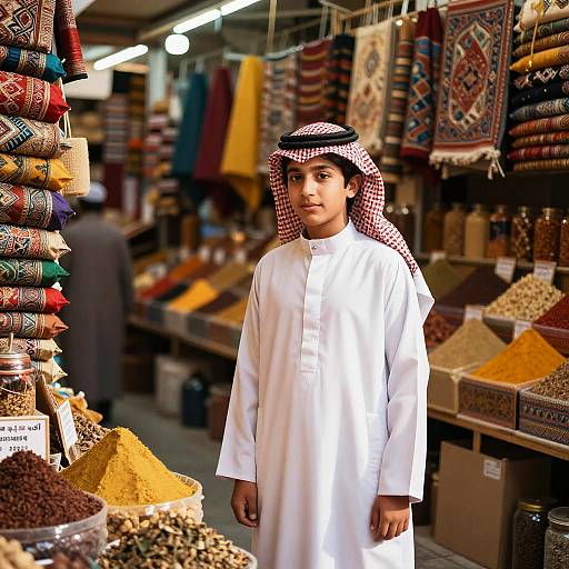 Photograph of a young Middle Eastern man in a white thawb and red-checkered keffiyeh, standing in a colorful spice market with hanging