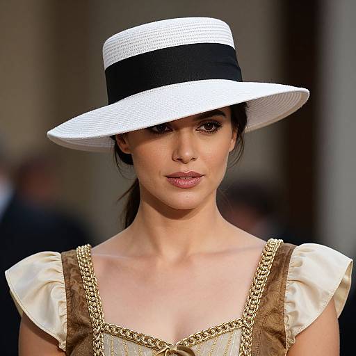 Photograph of a woman with fair skin, black hair, and pink lipstick, wearing a white wide-brimmed hat with a black band, and