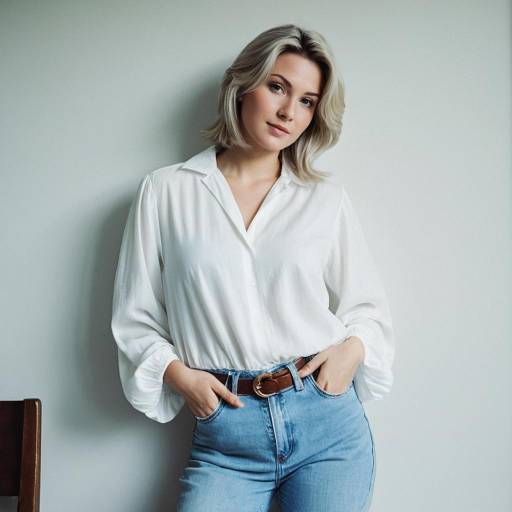 Young Woman in White Blouse and Light Denim Jeans