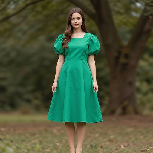 Photograph of a young woman with long brown hair, wearing a vibrant green, puffed-sleeve dress, standing in a blurred forest background.
