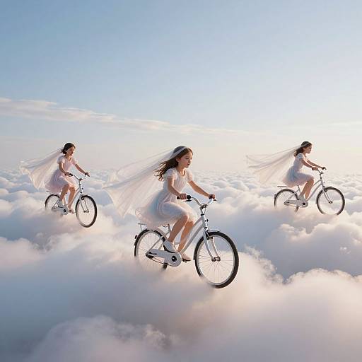 Three women in white dresses and veils ride bicycles above a sea of fluffy clouds under a clear blue sky.