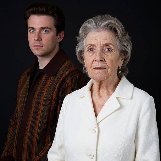 Photograph of a young Caucasian man with short brown hair in a striped brown jacket, standing behind an elderly Caucasian woman with gray hair, wearing a white
