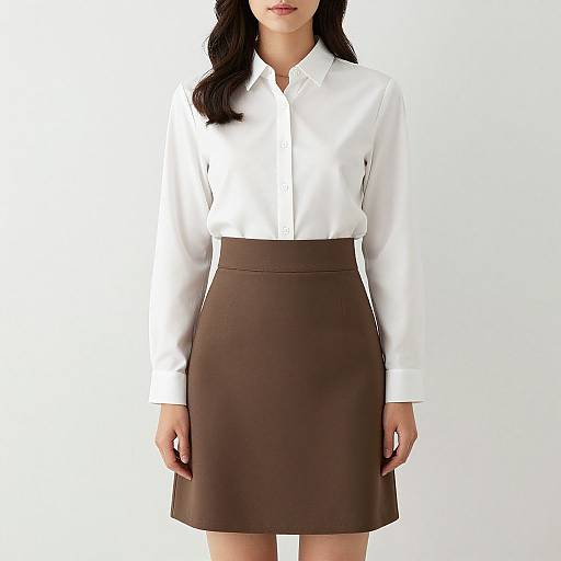 Photograph of a woman in a white long-sleeved shirt and brown high-waisted skirt, standing against a plain white background.