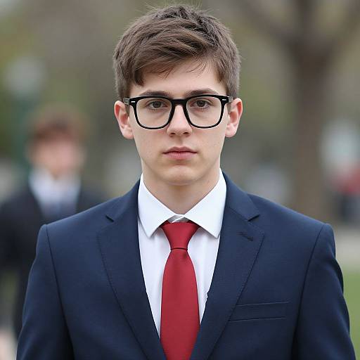 Young man with short brown hair, black-rimmed glasses, white shirt, red tie, and black suit, standing outdoors, blurred background. Photograph