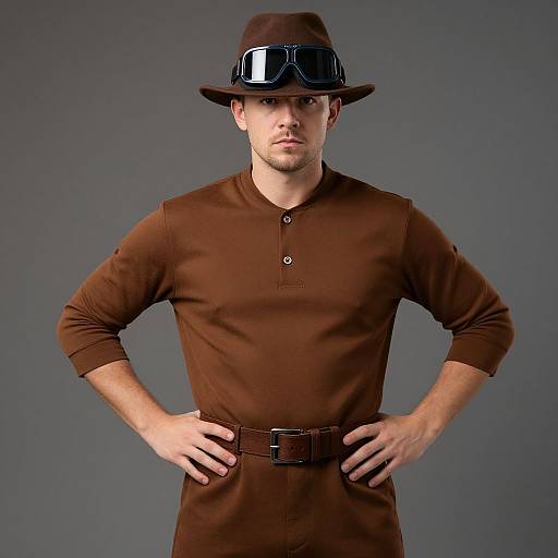 Photograph of a handsome, muscular man with fair skin, wearing a brown long-sleeve henley shirt, brown hat with goggles, and brown
