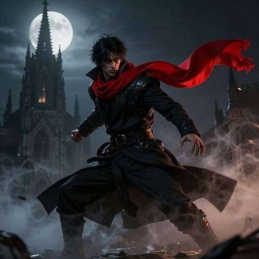 Digital artwork of a dark-haired, intense male warrior in a black trench coat and red scarf, standing in misty night with a full moon and Gothic