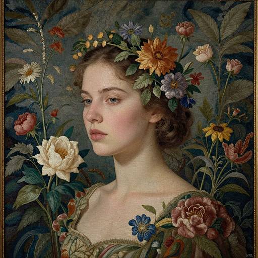 Digital painting of a young woman with fair skin, wearing a floral crown and dress, surrounded by vibrant flowers against a dark, textured background. Classical,