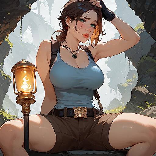 Worried Adventurer with Torch in Cave