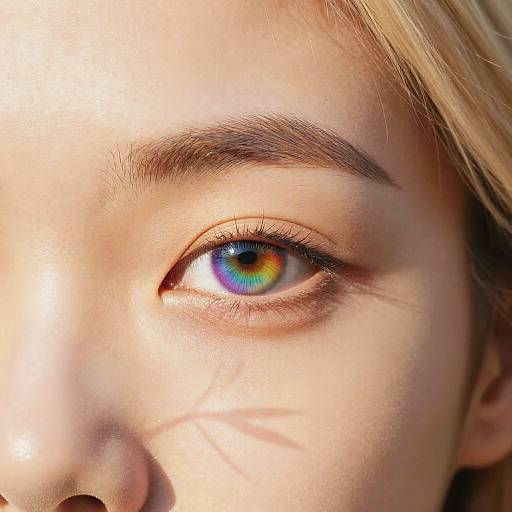 Close-up photograph of a young person's eye with striking, multi-colored rainbow iris, light skin, and blonde hair, highlighting vivid detail.