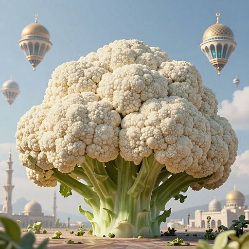 Digital artwork: Giant white cauliflower with textured buds, set against a clear blue sky with ornate, gold-domed mosques in the background.