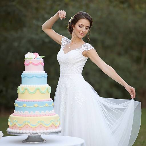 Photograph of a beautiful brunette bride in a white lace wedding dress, standing outdoors, holding her dress, with a colorful three-tiered cake in the