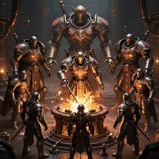 Digital art of armored warriors surrounding a blazing fire in a dark, futuristic cathedral, with a towering, glowing-headed robot in the center.