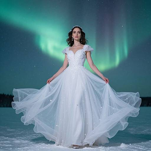 Photograph of a woman in a white, lace-embellished, flowing wedding dress standing in snowy landscape with green Northern Lights in the background.