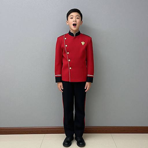 Photograph of a young Asian boy standing against a gray wall, wearing a red military-style uniform with black pants and black shoes, mouth slightly open.