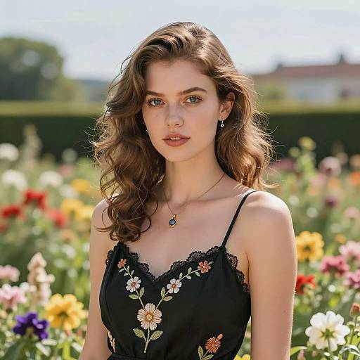Young Woman in Floral Embroidered Dress in Garden