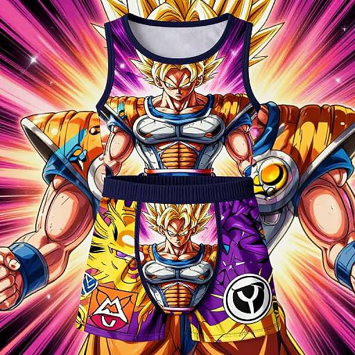 Digital anime-style drawing of a muscular, blonde-haired Super Saiyan with spiky hair, wearing a purple and yellow gi, glowing with bright, explosive