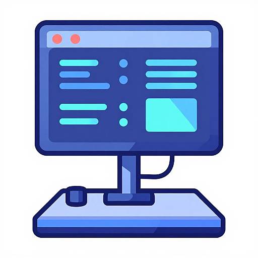 Digital illustration of a blue computer monitor with glowing text lines, red and yellow indicators, and a rectangular screen, set against a white background.