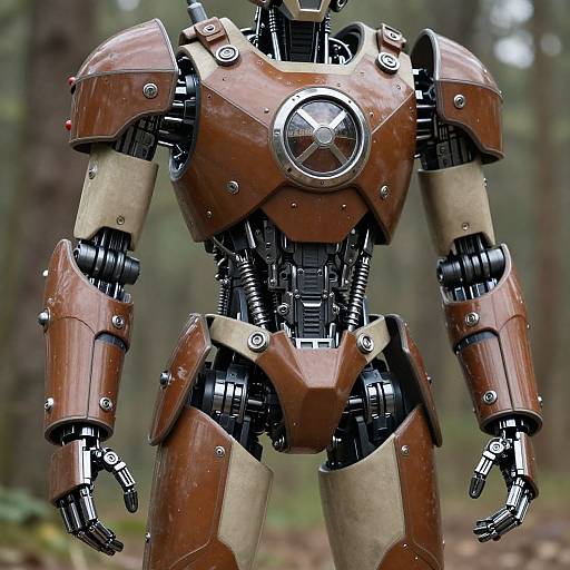 Photograph of a brown, metallic, robotic humanoid with segmented armor, circular chest emblem, standing in a blurred forest background.