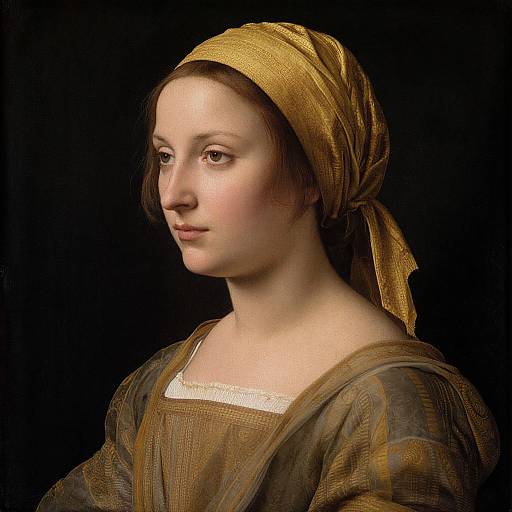 Renaissance-style portrait of a young woman with fair skin, brown eyes, and a golden headscarf, wearing a brown and beige patterned