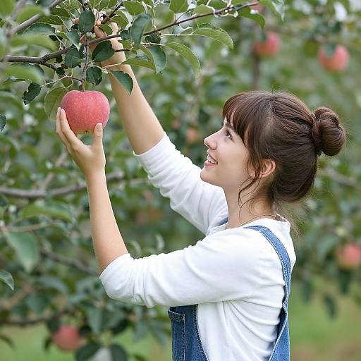 Young woman with brown hair in bun, white shirt, blue overalls, smiling, reaching for red apple in orchard. Photograph.