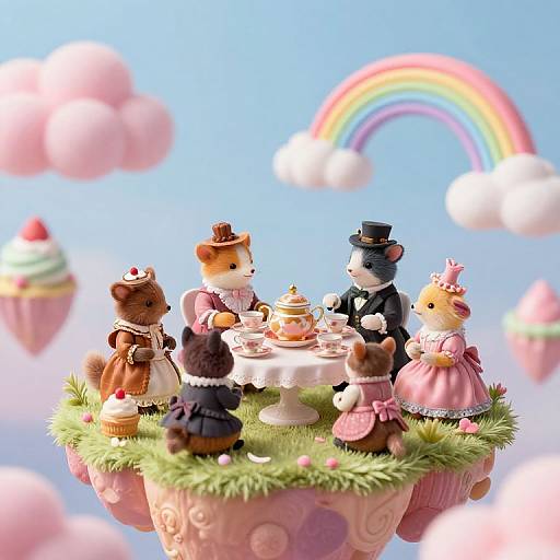 Whimsical photograph of adorable, dressed-up animal dolls having tea on a grassy cupcake float, with a rainbow and clouds in the sky.