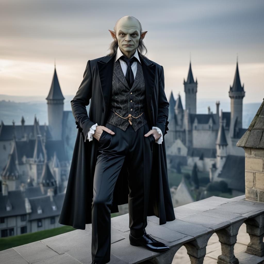 Suave Gollum: Gothic Vampire on Castle Roof