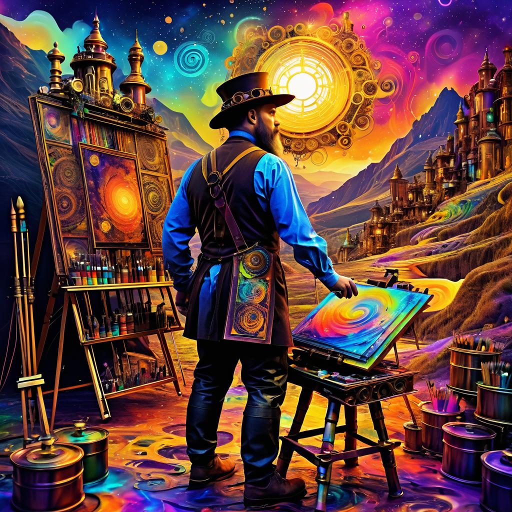 Mystical Steampunk Artist in Vibrant Terrain