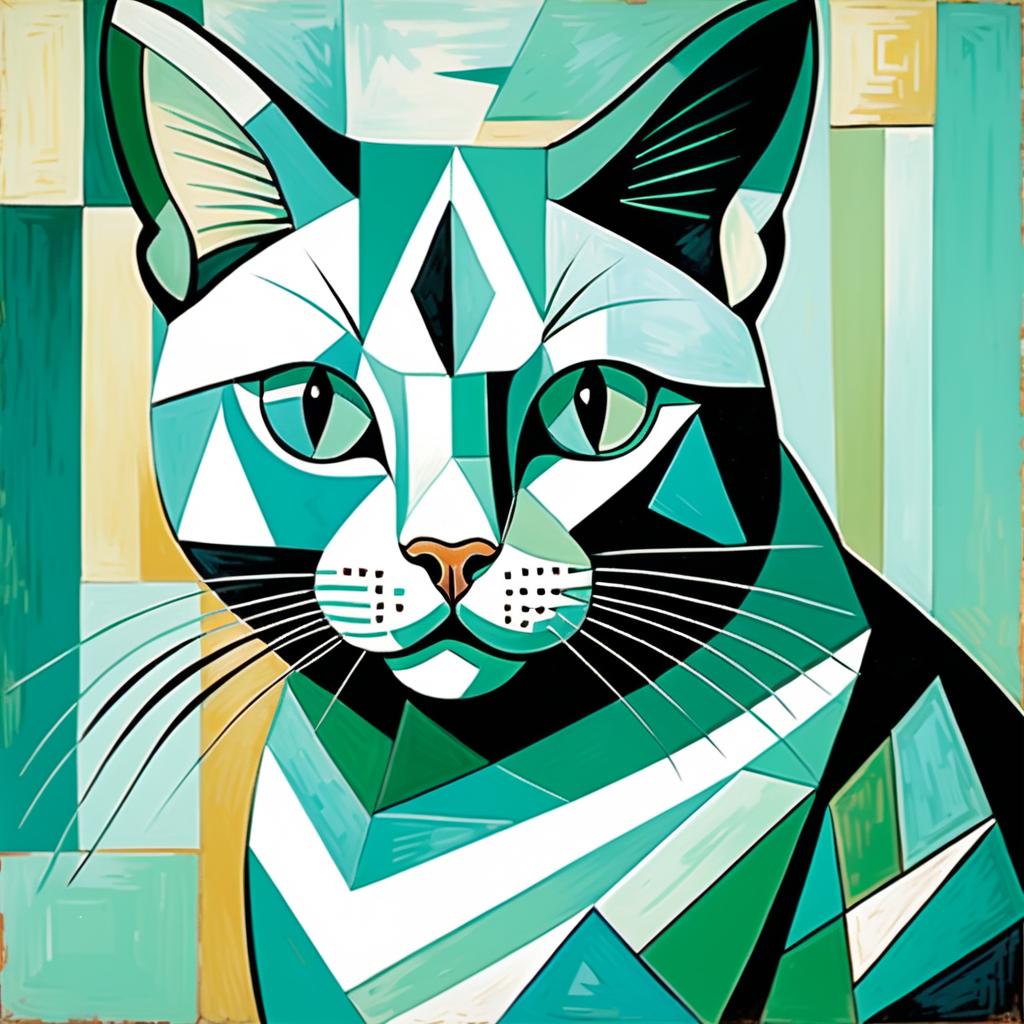 Cubist Cat Portrait in Seafoam Green