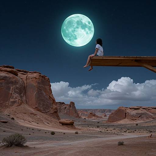 Photograph-like digital artwork of a girl with black hair, white shirt, and bare feet, sitting on a wooden beam, gazing at a glowing