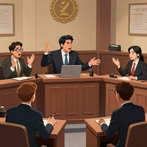 Digital illustration of a courtroom scene with four business-suited men, two with glasses, debating around a wooden desk with a laptop, framed 