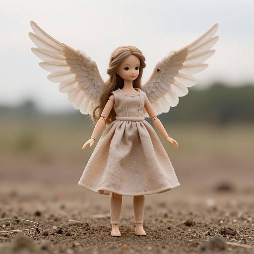 Photograph of a doll with long brown hair, angel wings, and a beige dress, standing barefoot on a dirt field.
