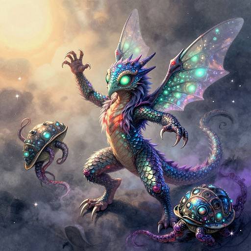 Digital fantasy artwork of a glowing, blue-scaled, dragon-like creature with iridescent wings, neon eyes, and three floating, biolumines