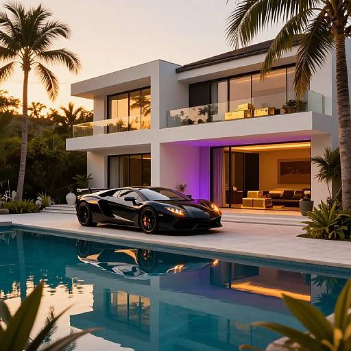 Photograph of a sleek black sports car parked by a modern, white, two-story house with glass balconies, palm trees, and a reflecting pool