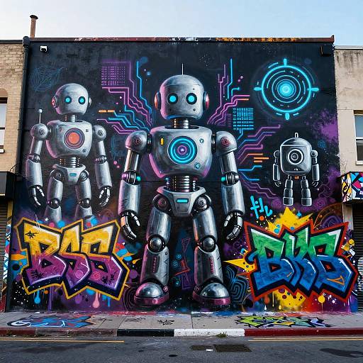 Vibrant graffiti mural featuring three futuristic silver robots with glowing blue eyes, standing in front of neon circuitry and colorful 