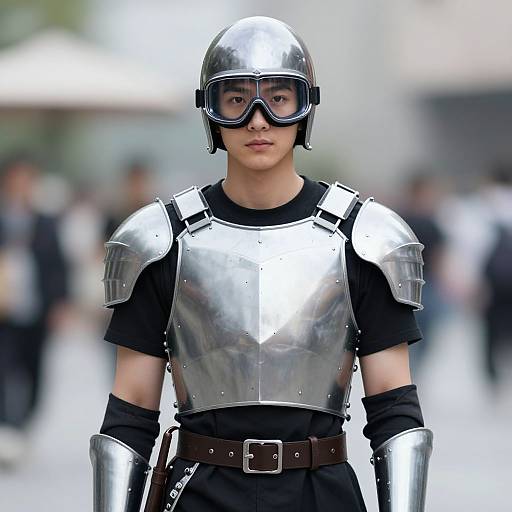 Photograph of an Asian man in medieval-style silver armor, black t-shirt, goggles, and black pants, standing outdoors with blurred background.