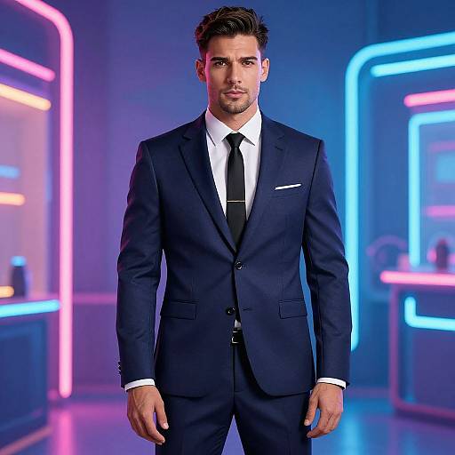 Photograph of a handsome man with dark hair in a sleek navy suit, white shirt, black tie, standing in a neon-lit room with pink