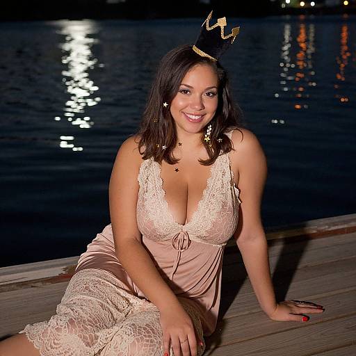 Photograph of a smiling, curvy Latina woman with dark hair, wearing a low-cut, lace, beige dress and black headpiece, sitting on